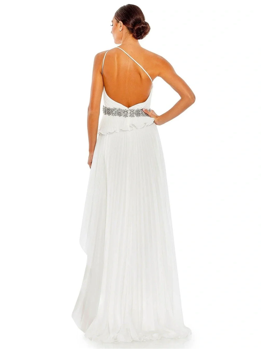 One-Shoulder White High-Low Ruffle Dress with Embellished Waist